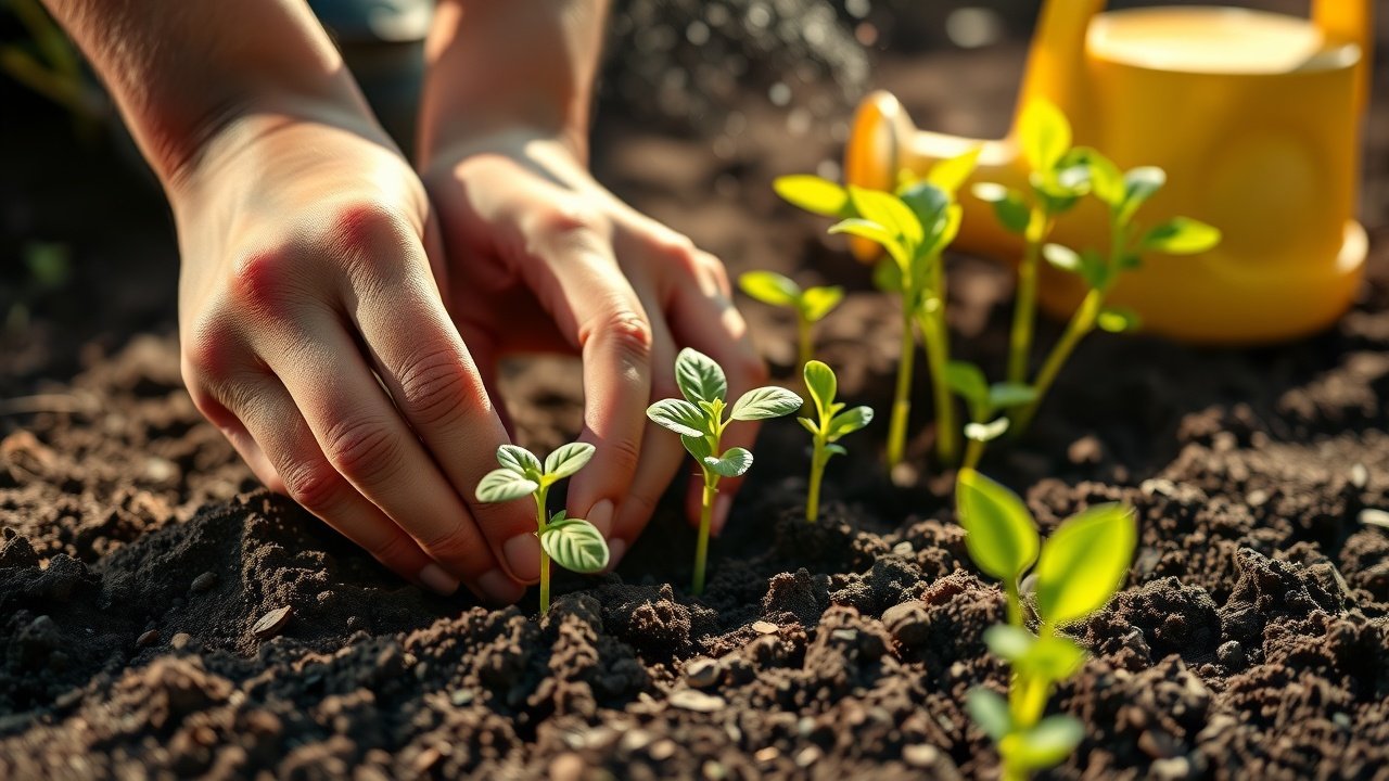 Close-up of hands planting seedlings in fertile soil, sunlight casting shadows on earth, watering can nearby, vibrant green sprouts emerging., No infographics and no text