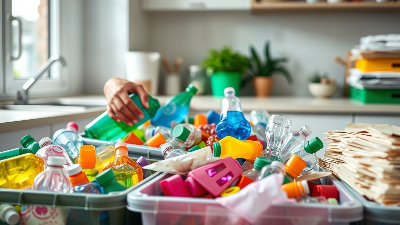 Close-up of hands sorting colorful recyclable materials into bins in a bright kitchen, natural light from window highlighting plastic bottles and paper stacks., No infographics and no text