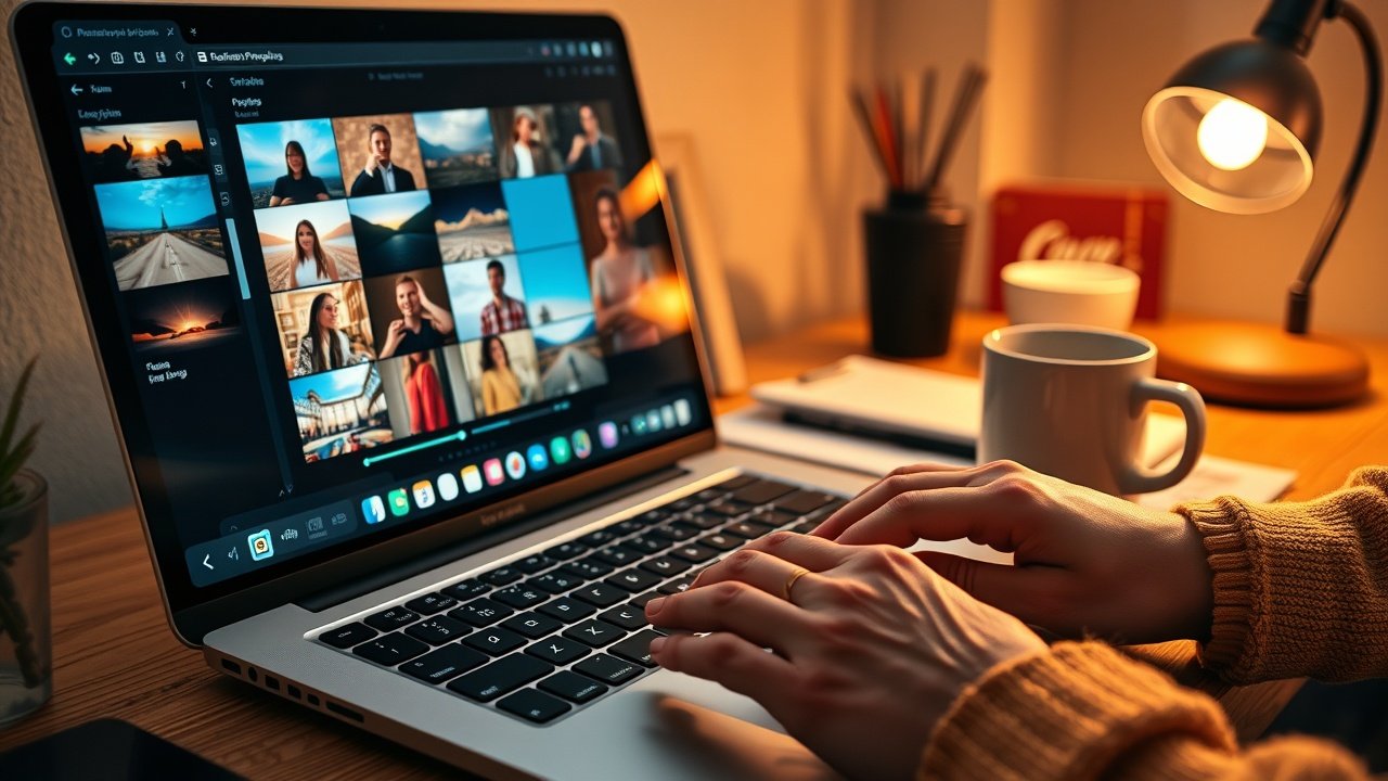 Close-up of hands typing on a laptop keyboard in a cozy home office, screen displaying vibrant image thumbnails, warm desk lamp illuminating notes and coffee mug., No infographics and no text