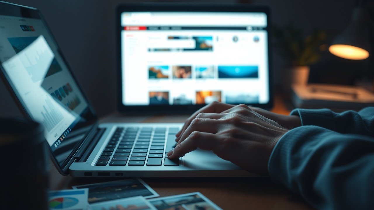 Close-up of hands typing on a laptop keyboard in a dimly lit room, screen glowing with keyword research tools and image thumbnails scattered on the desk., No infographics and no text