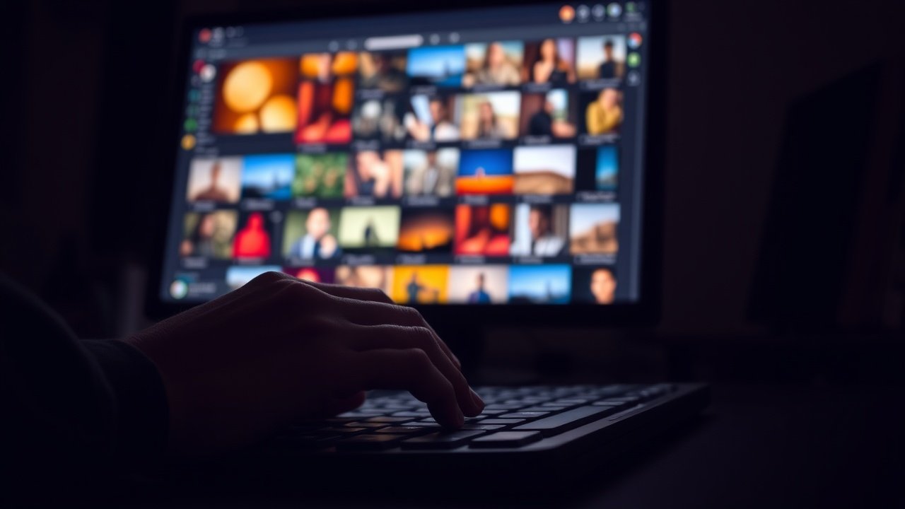 Close-up of hands typing on keyboard in dimly lit room, screen glowing with colorful image thumbnails, focused atmosphere with soft shadows., No infographics and no text