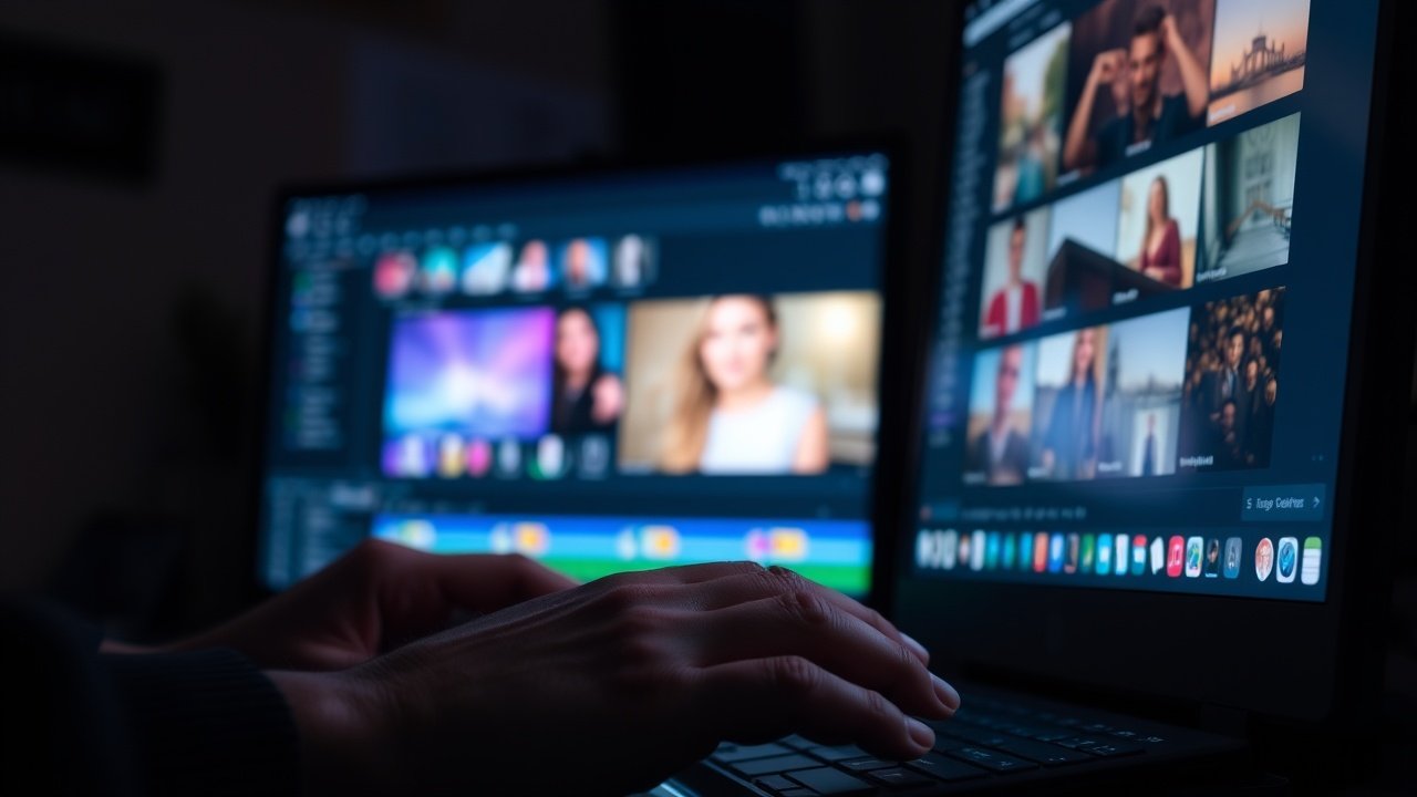 Close-up of hands typing on keyboard in dimly lit room, screen glowing with image editing software and colorful thumbnails., No infographics and no text