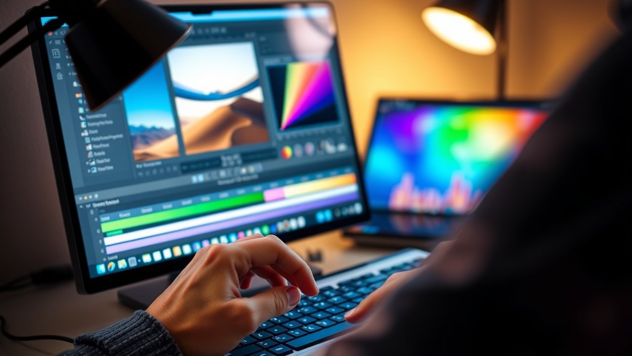 Close-up of hands typing on keyboard, screen showing image editing software with vibrant photo adjustments, tools and color palette visible, soft desk lamp illumination., No infographics and no text