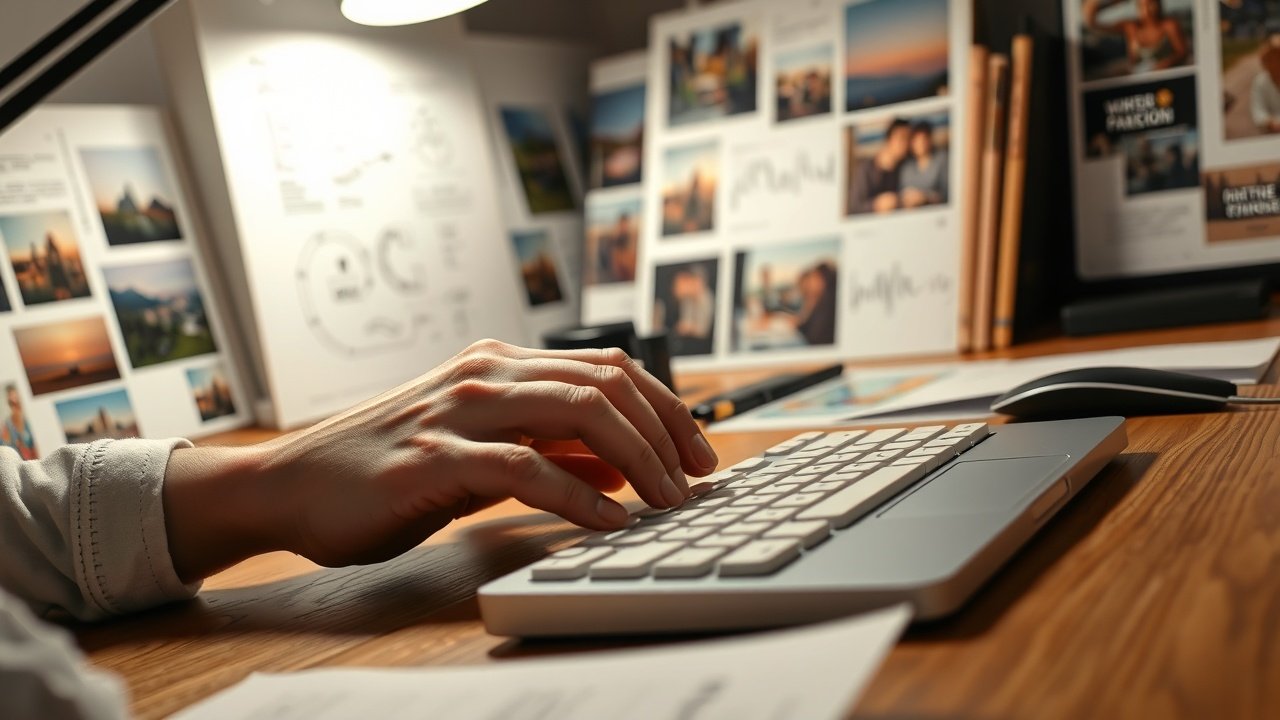 Close-up of hands typing on keyboard surrounded by colorful printed photos and sketches on wooden desk, soft desk lamp illumination., No infographics and no text