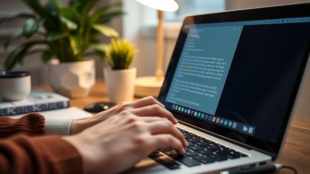Close-up of hands typing on laptop keyboard, screen showing detailed image prompt text, cozy office setting with plants and soft desk lamp illumination, focused atmosphere., No infographics and no text