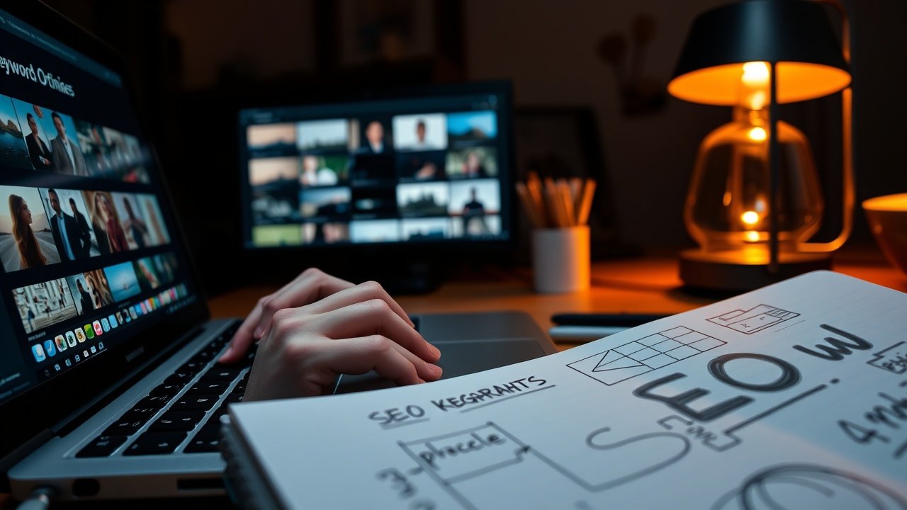 Close-up of hands typing on laptop keyboard in dimly lit room, glowing screen showing keyword-optimized photo thumbnails, warm desk lamp illuminating notebook with SEO sketches, cozy evening atmosphere., No infographics and no text