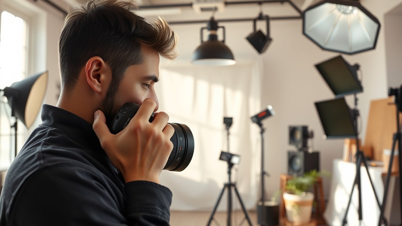 Close-up of photographer adjusting camera lens in a sunlit studio filled with props and softbox lights casting gentle shadows., No infographics and no text