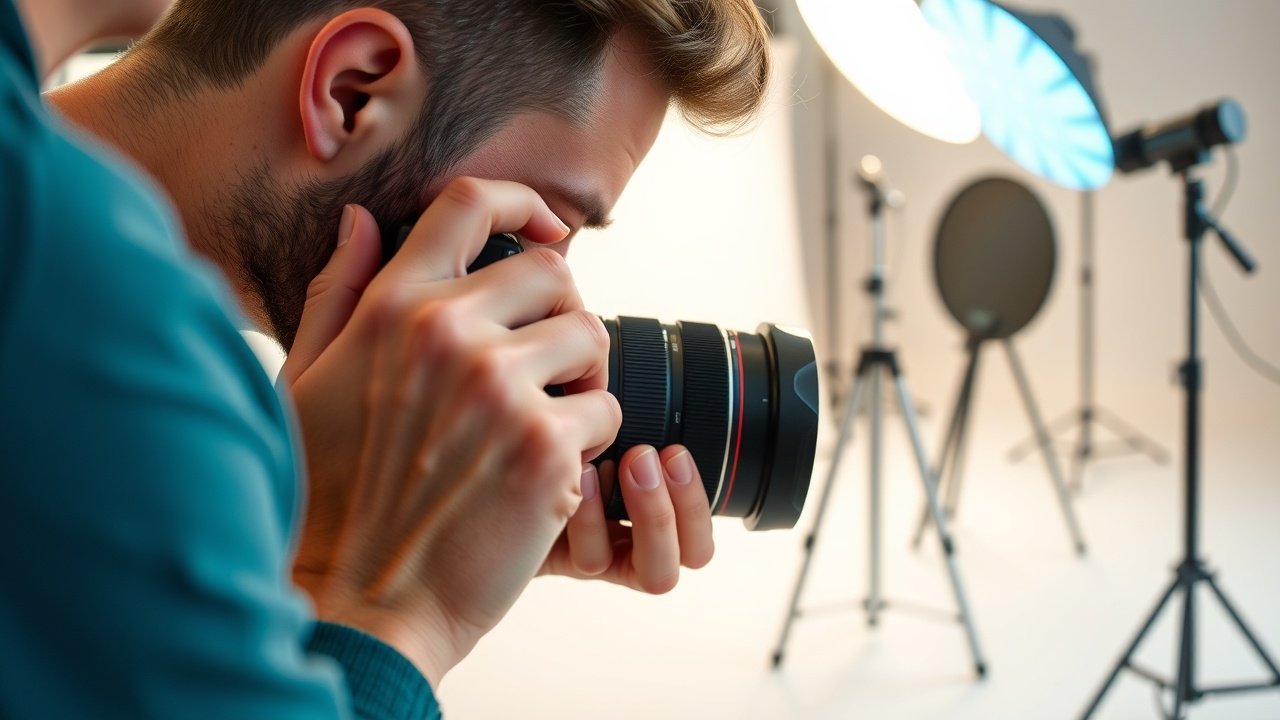 Close-up of photographer adjusting camera lens in studio, soft diffused lighting on colorful props, tripod and reflectors in background., No infographics and no text