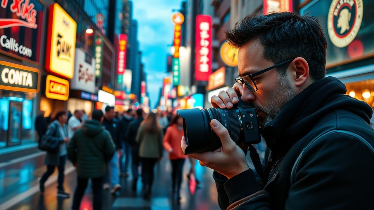 Close-up of photographer adjusting camera lens in bustling city street at dusk, colorful neon signs reflecting on wet pavement, crowds blurred in background, golden hour glow., No infographics and no text