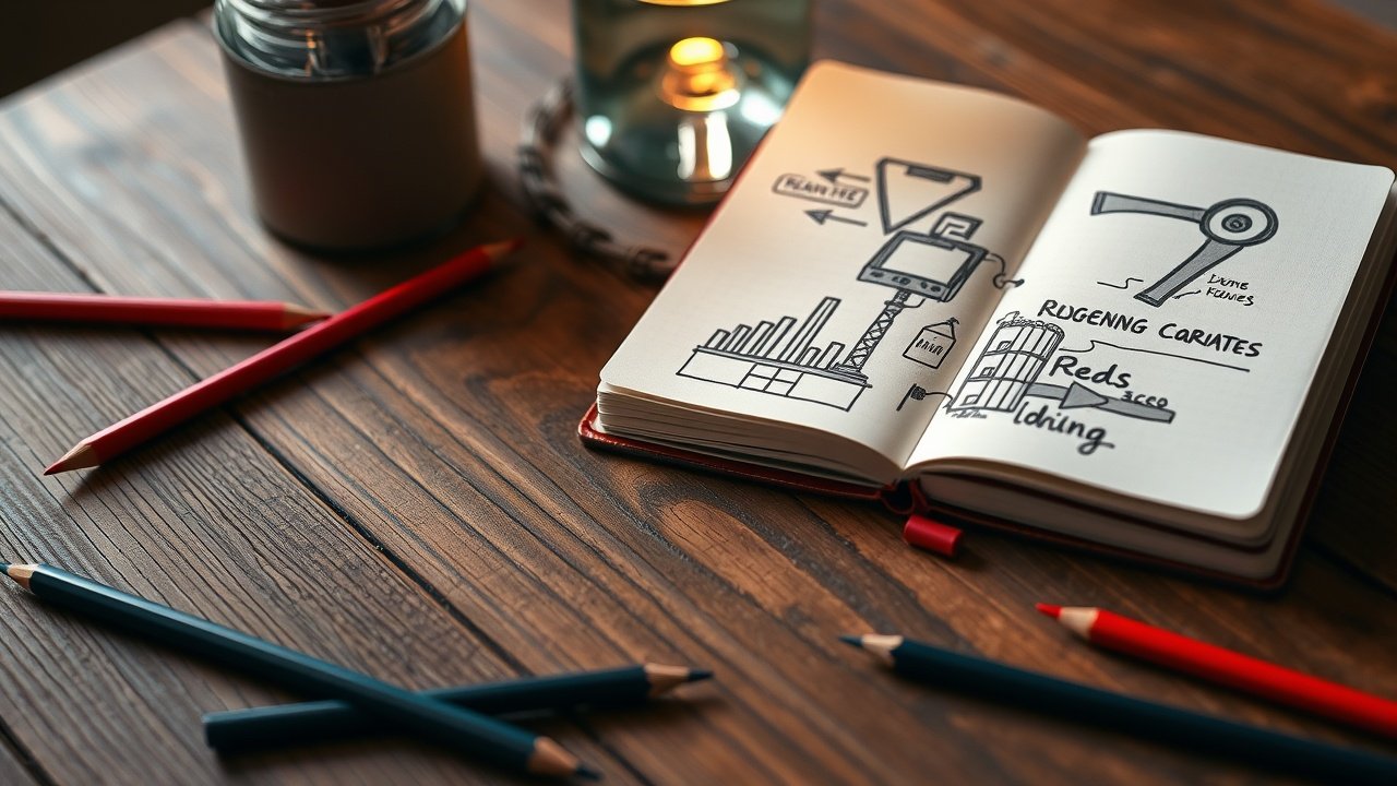 Close-up of wooden table with notebook open to sketched scene ideas, surrounded by scattered colored pencils and soft lamp light., No infographics and no text