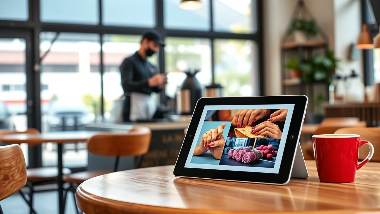 Cozy cafe table holding tablet displaying vibrant product photo, barista in background, natural daylight filtering through windows., No infographics and no text