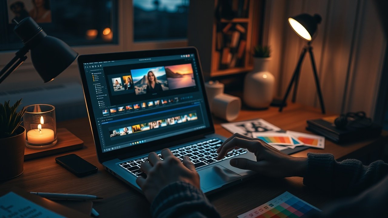 Cozy home office at dusk, laptop open to photo editing software, hands typing prompts, ambient lamp glow illuminating keyboard and scattered color swatches., No infographics and no text