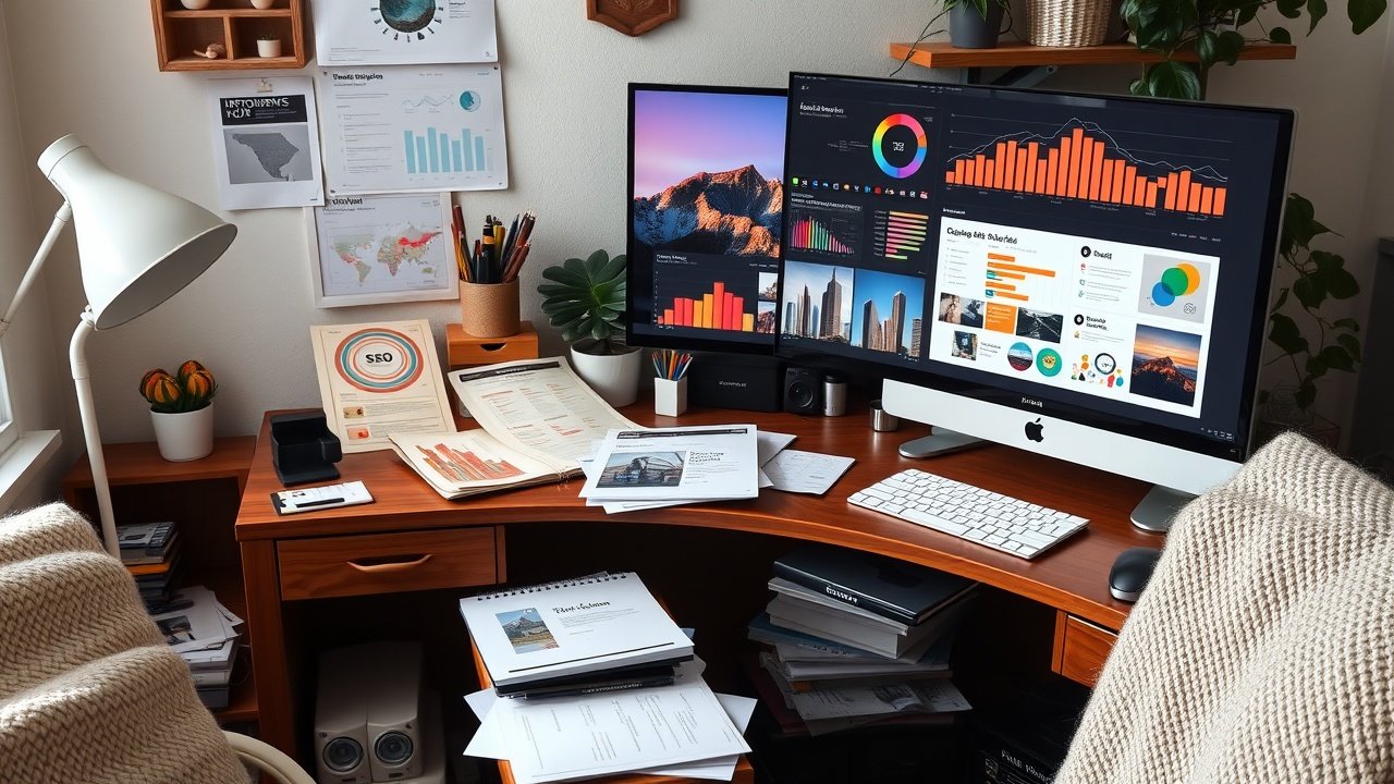 Cozy home office desk cluttered with SEO charts, printed images, and a large monitor displaying optimized web visuals., No infographics and no text