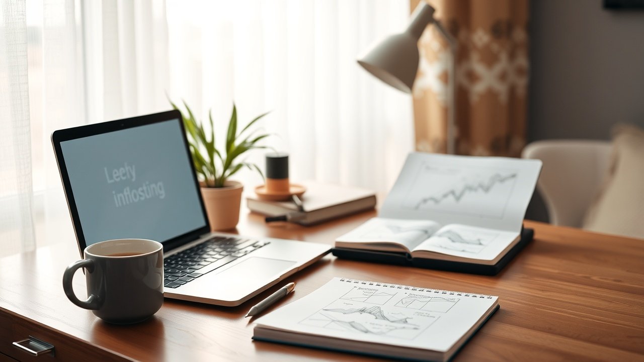 Cozy home office desk with open laptop, steaming coffee mug, notebook with sketches, soft morning light through window blinds., No infographics and no text