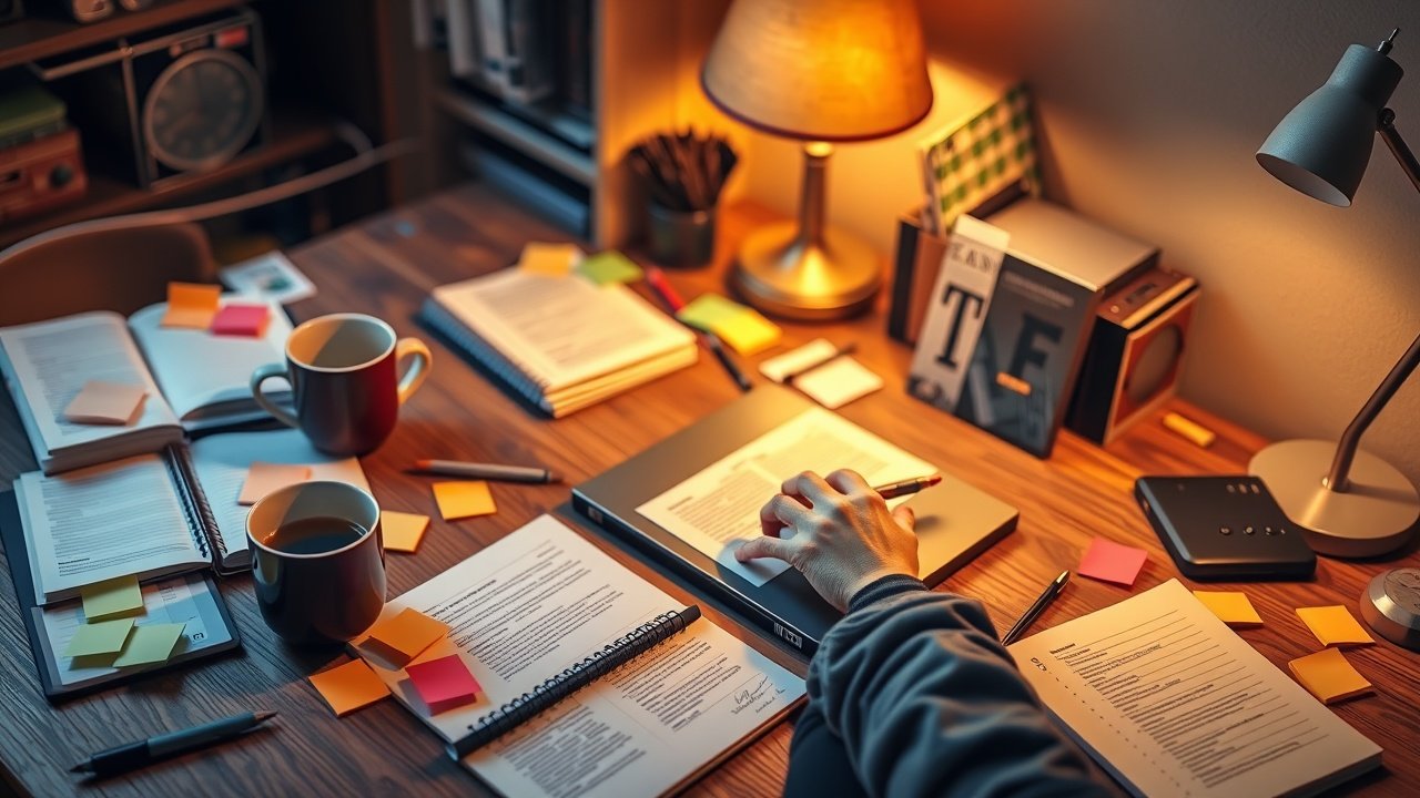 Cozy home office setup with a writer typing on a laptop surrounded by notebooks, coffee mug, and scattered sticky notes on a wooden desk, warm lamp light., No infographics and no text