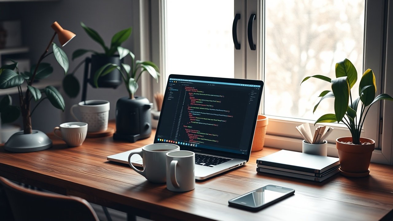 Cozy home office setup with wooden desk, open laptop showing code editor, steaming coffee mug, and potted plants under natural window light., No infographics and no text