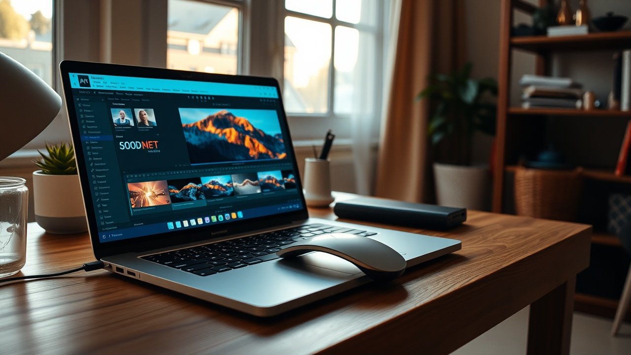Cozy home office with open laptop showing photo editing software, mouse hovering over vibrant image, natural window light illuminating desk., No infographics and no text