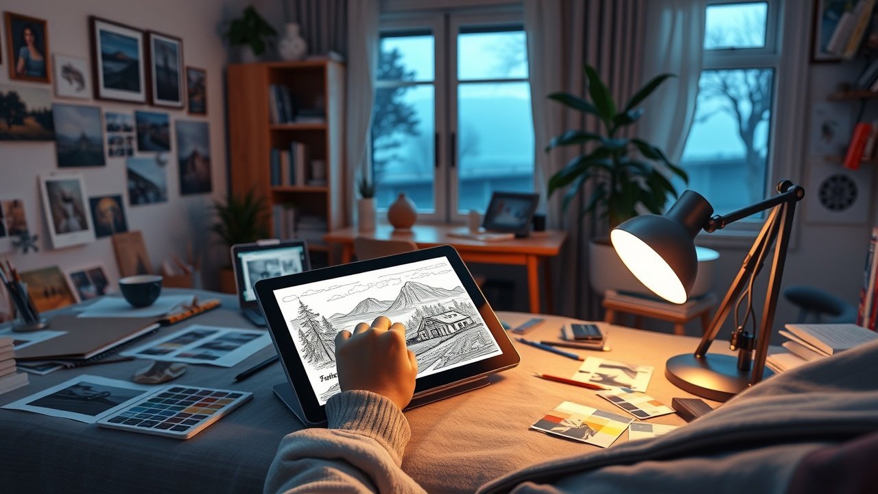 Cozy home studio with artist sketching detailed scene on tablet, surrounded by reference photos and color swatches, soft lamp light illuminating workspace at evening., No infographics and no text