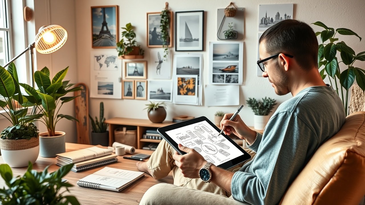Cozy home workspace with designer sketching image concepts on a tablet, surrounded by mood boards, plants, and soft lamp light., No infographics and no text