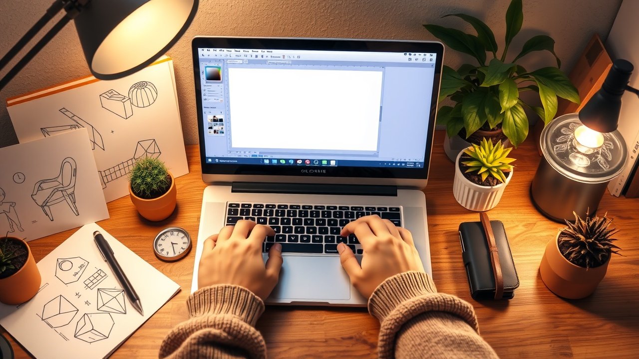 Cozy home workspace with laptop open to image editing software, hands typing prompts, surrounded by sketches, plants, and soft lamp glow illuminating the desk., No infographics and no text