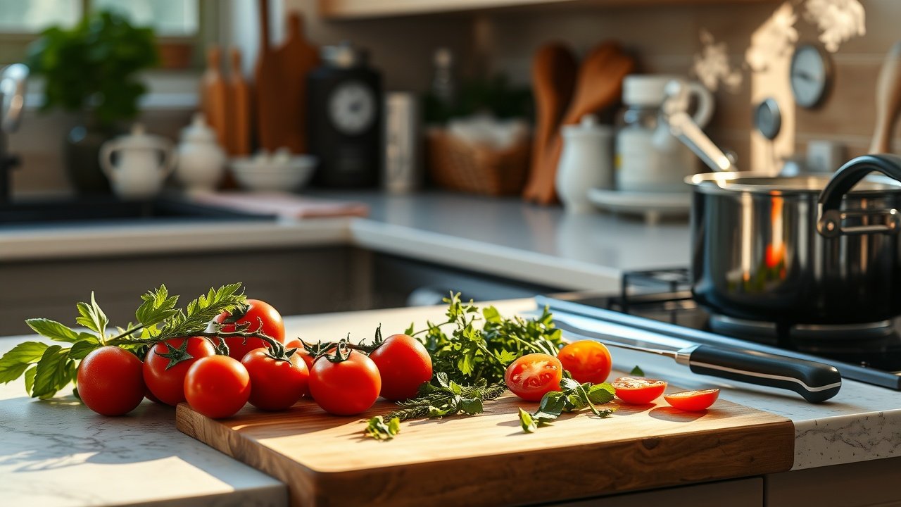 Cozy kitchen counter at morning light, fresh ingredients like tomatoes and herbs arranged beside a cutting board, chef's knife midway through chopping, steam from nearby pot., No infographics and no text