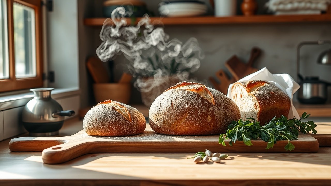 Cozy kitchen counter with fresh baked bread, steam rising, wooden board and herbs nearby, soft morning light from window highlighting textures., No infographics and no text