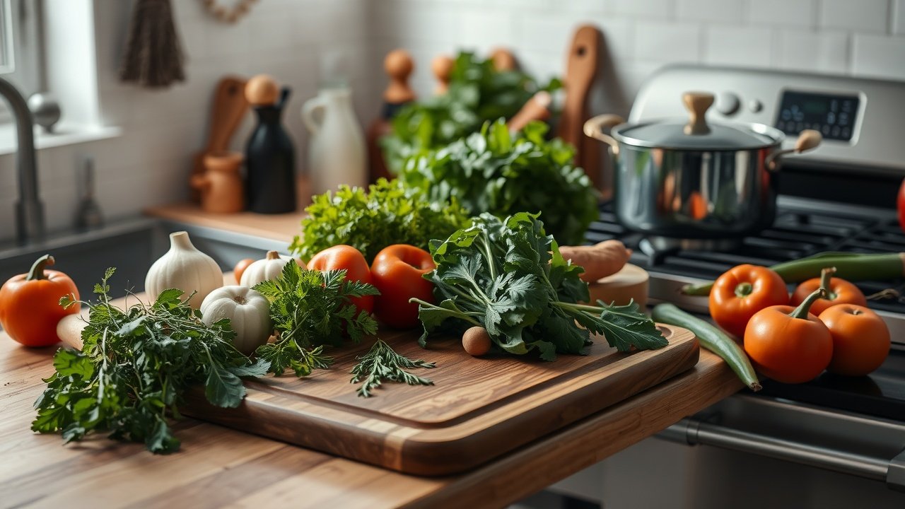 Cozy kitchen counter with fresh ingredients, wooden cutting board, herbs and vegetables arranged neatly, steam rising from pot on stove., No infographics and no text