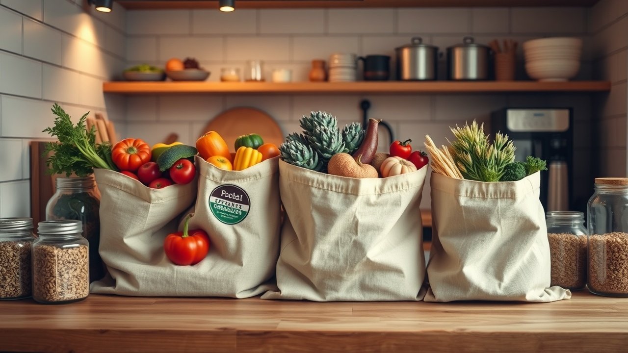 Cozy kitchen counter with reusable cloth bags filled with organic produce, glass jars of grains, natural wood surface, warm overhead lighting., No infographics and no text