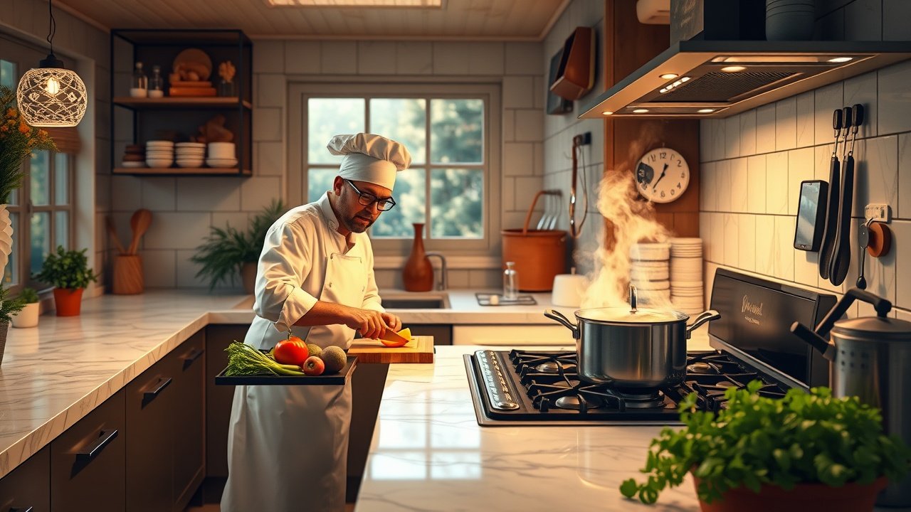Cozy kitchen interior with a chef chopping vegetables on a marble counter, steam rising from a pot on the stove, warm overhead lighting and fresh herbs nearby., No infographics and no text
