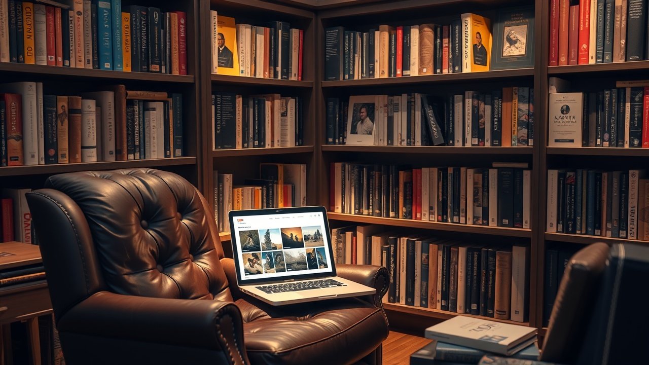 Cozy library corner with leather armchair, open laptop showing image thumbnails, bookshelves filled with visual art references in dim ambient light., No infographics and no text
