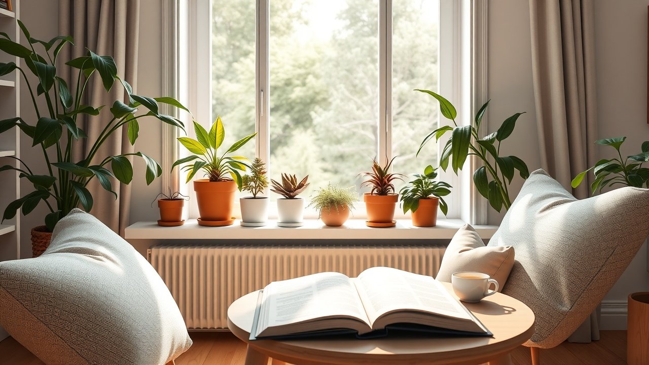Cozy living room with potted plants on windowsill, natural light streaming in, open book and tea cup on side table, warm wooden floors., No infographics and no text