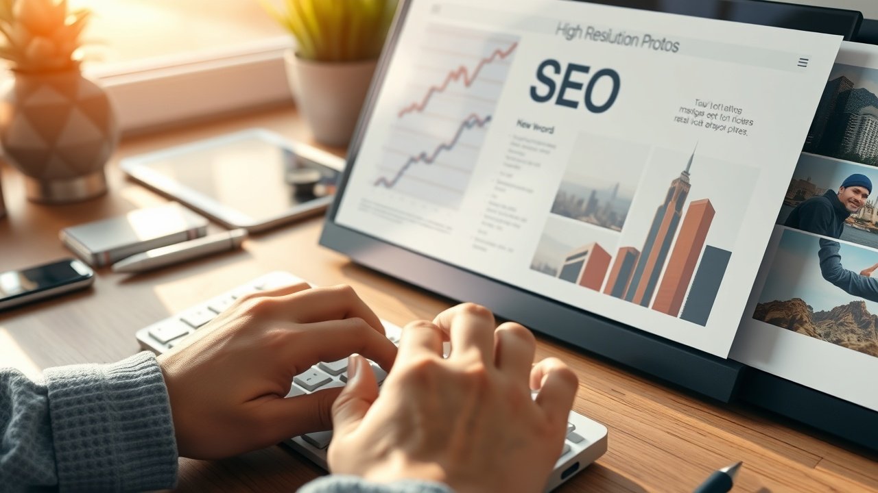 Detailed scene of hands typing SEO keywords on keyboard next to high-resolution photo prints on wooden workspace, afternoon sunlight., No infographics and no text