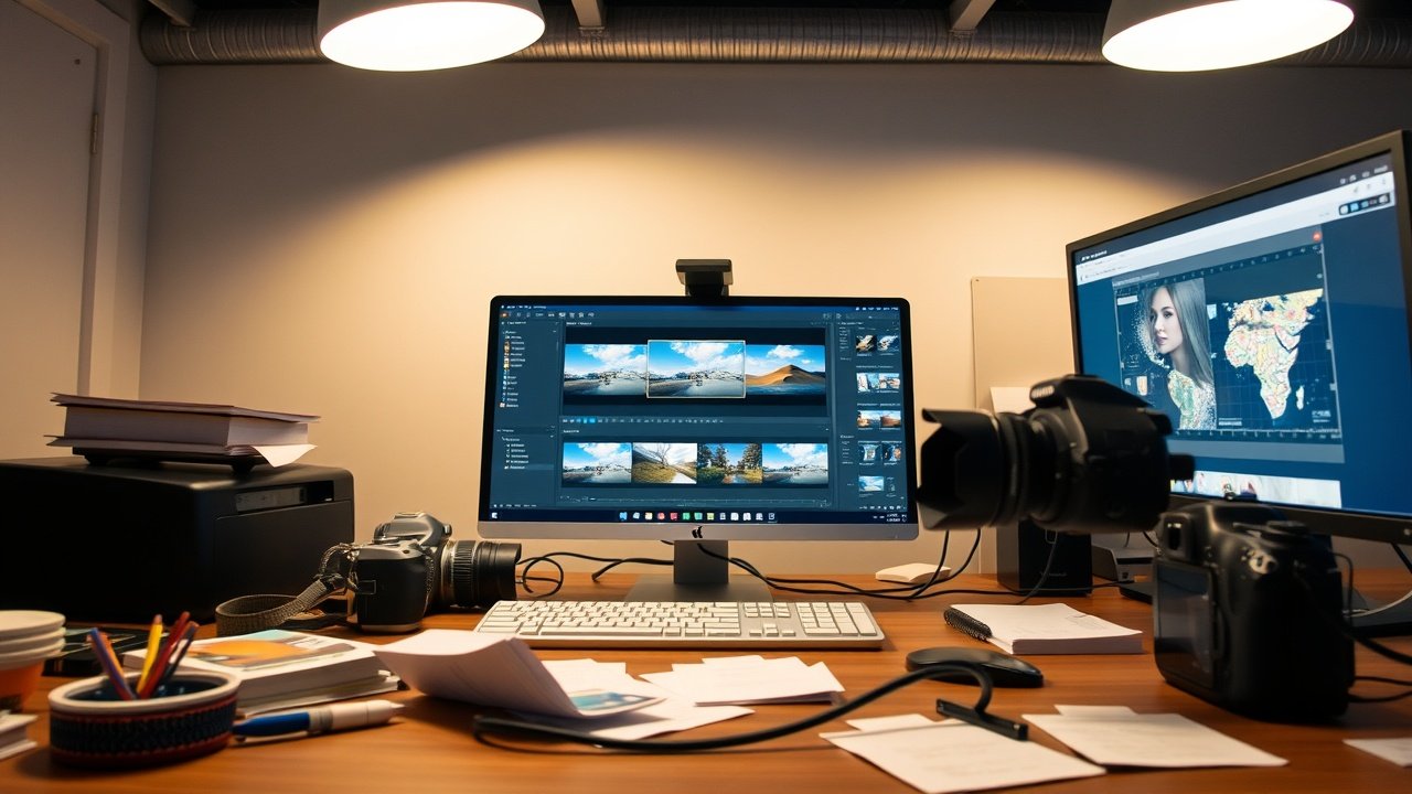 Digital camera connected to computer via USB, transferring high-resolution images to editing software, cluttered desk with memory cards and notes under bright overhead lights., No infographics and no text