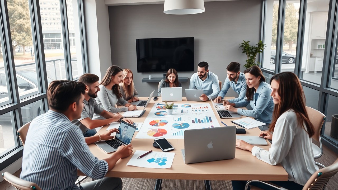 Diverse group of young professionals in a modern conference room, gathered around a table covered in colorful charts and laptops, natural daylight streaming through windows., No infographics and no text