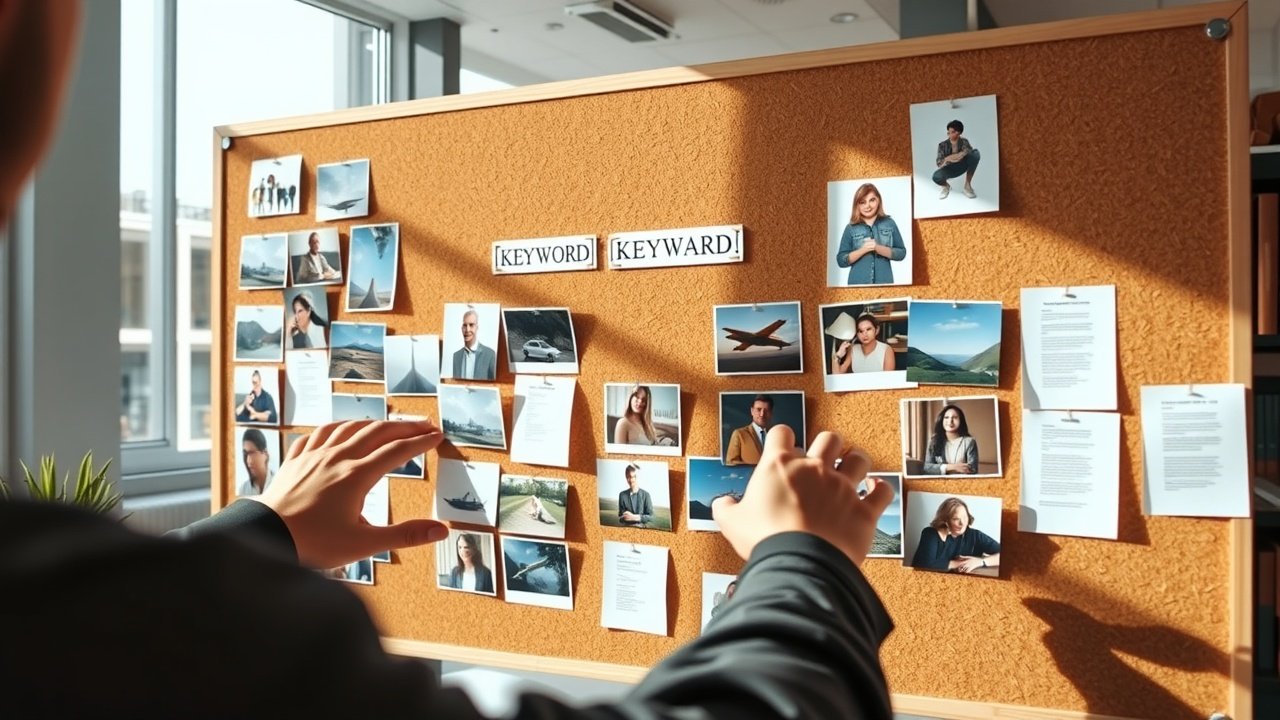 Dynamic shot of hands arranging printed images and keywords on a large corkboard in a modern office, afternoon light illuminating the organized layout., No infographics and no text