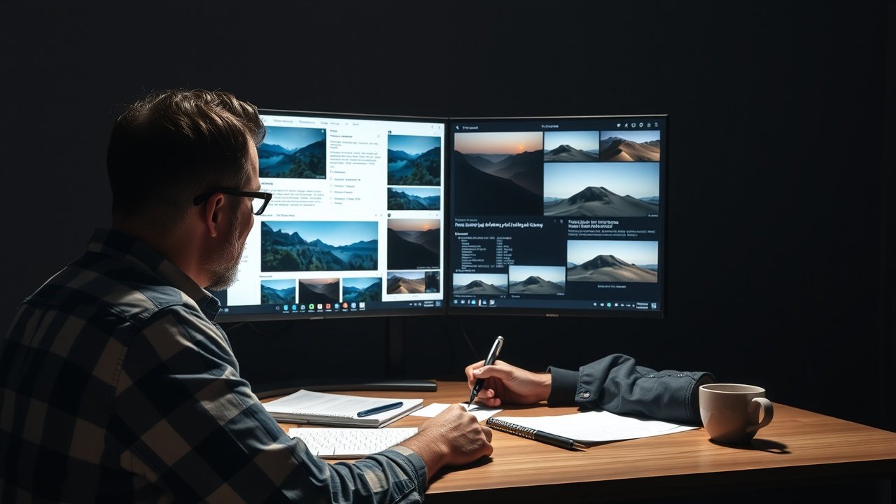 Editor reviewing high-resolution images on a large monitor in a dimly lit room, highlighting keywords with digital tools and fresh coffee nearby., No infographics and no text