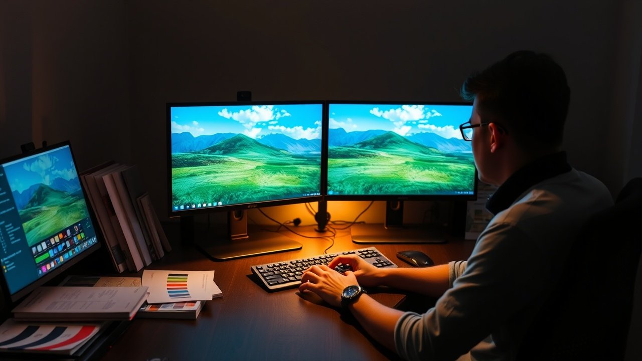 Focused designer at desk in dimly lit room, typing on keyboard while viewing high-resolution nature landscape photo on dual monitors, surrounded by reference books and color swatches., No infographics and no text