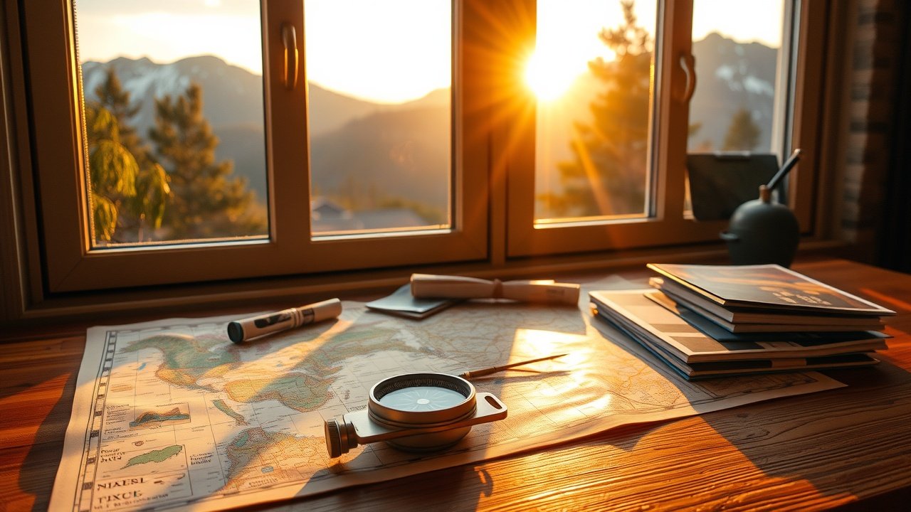 Golden hour sunlight streaming through window onto a table with travel maps, compass, and stacked adventure photos, suggesting exploratory content themes., No infographics and no text