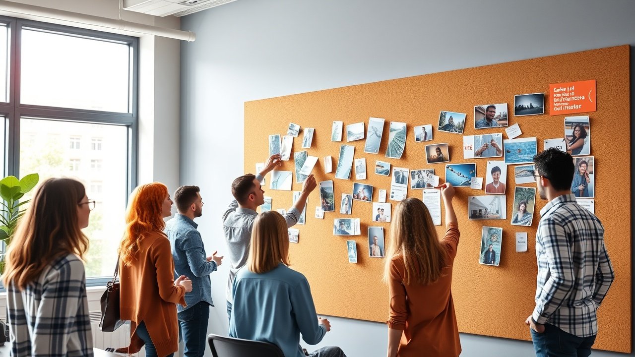 Group of marketers in a modern conference room, pinning vibrant photos and notes to a large corkboard wall, natural light from windows., No infographics and no text