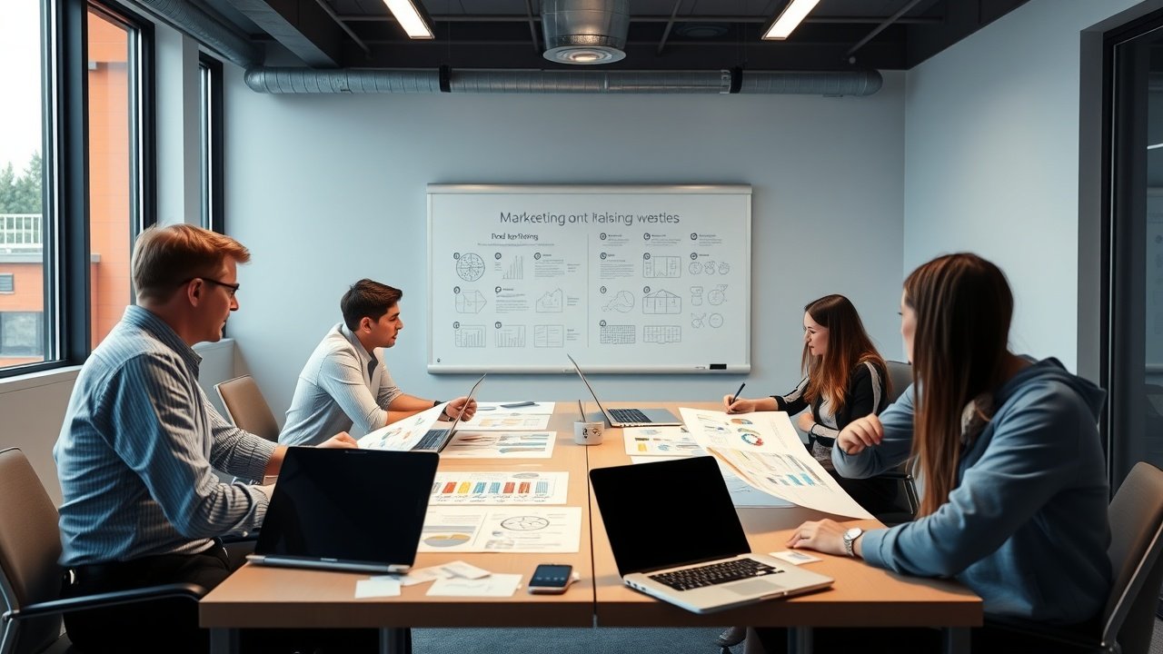 Group of marketing professionals in modern conference room reviewing printed visuals on table, laptops open, bright overhead lights, whiteboard with sketches behind them., No infographics and no text
