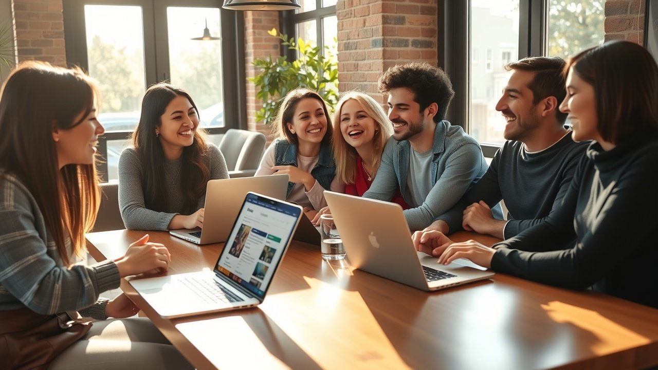 Group of young adults laughing around a cafe table, laptops open to blog pages, warm afternoon sunlight filtering through windows., No infographics and no text