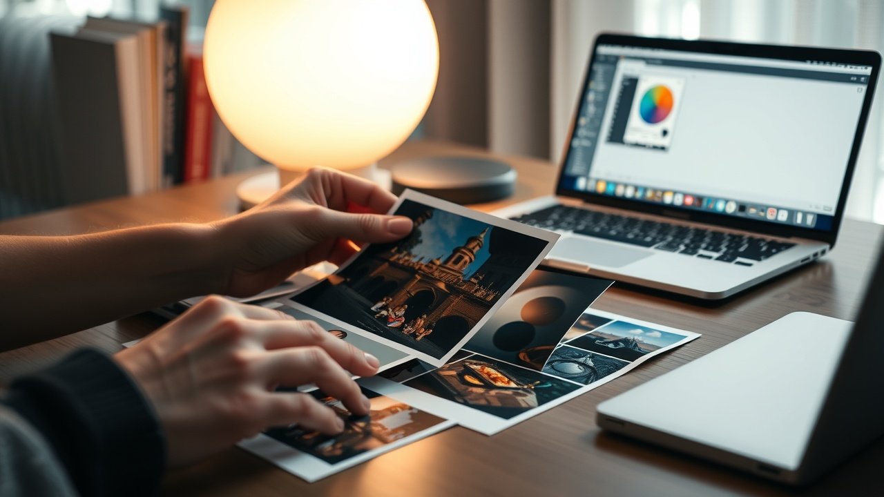 Hands arranging physical photos on a table under soft desk lamp light, laptop open to prompt editor, vibrant colors and detailed compositions visible., No infographics and no text