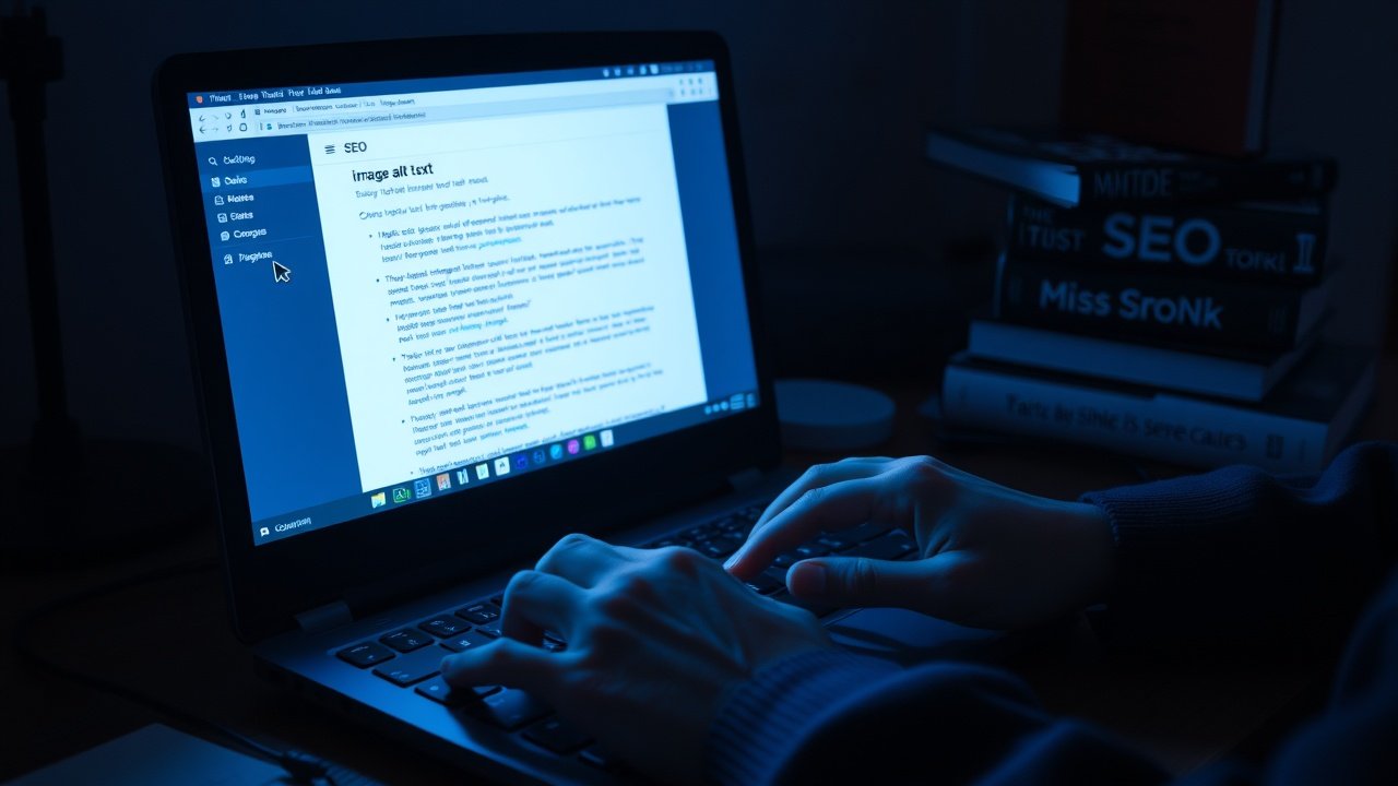 Hands typing on keyboard in dimly lit room, cursor highlighting image alt text on webpage, stack of SEO books nearby, focused atmosphere with blue screen glow, sharp documentary-style photo., No infographics and no text