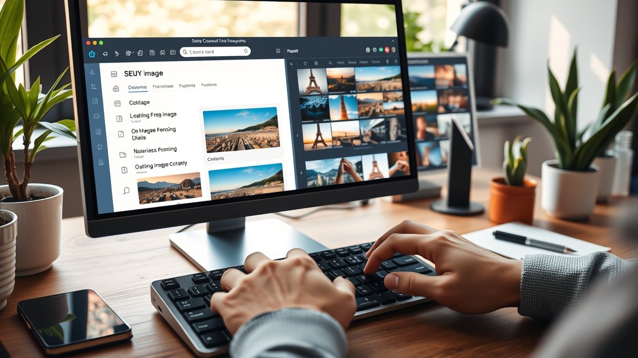 Hands typing on keyboard optimizing image file names with SEO keywords, multiple photo thumbnails open on screen, modern office desk with plants in soft afternoon light., No infographics and no text