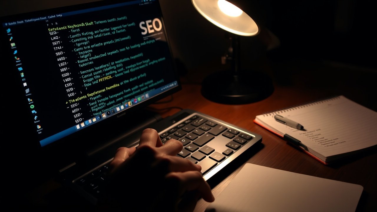 Hands typing on keyboard with SEO keywords highlighted on screen, notebook with bullet points nearby, desk lamp casting focused glow in dim room., No infographics and no text