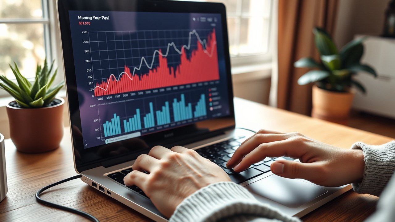 Hands typing on laptop keyboard in cozy home office, screen displaying rising graph charts, natural daylight from nearby window., No infographics and no text