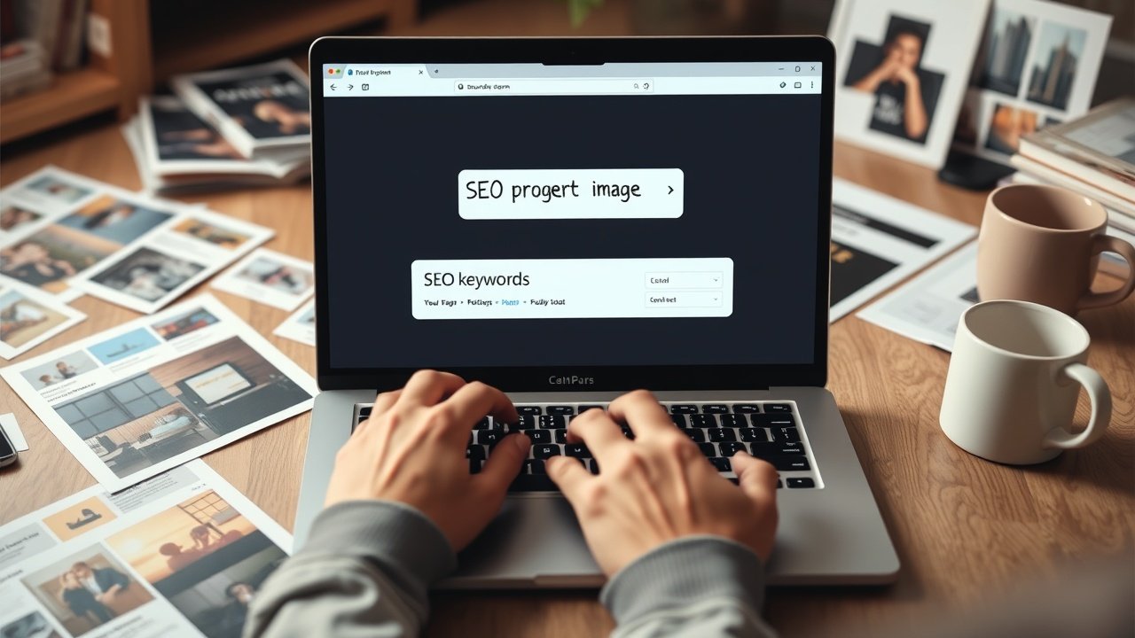 Hands typing SEO keywords into an image prompt generator on a sleek laptop, surrounded by scattered printed visuals and coffee mug in cozy home office., No infographics and no text