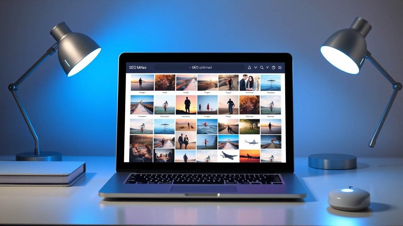Laptop screen showing SEO-optimized image thumbnails in a grid, keyboard and mouse nearby on minimalist desk, cool blue ambient light from desk lamp., No infographics and no text