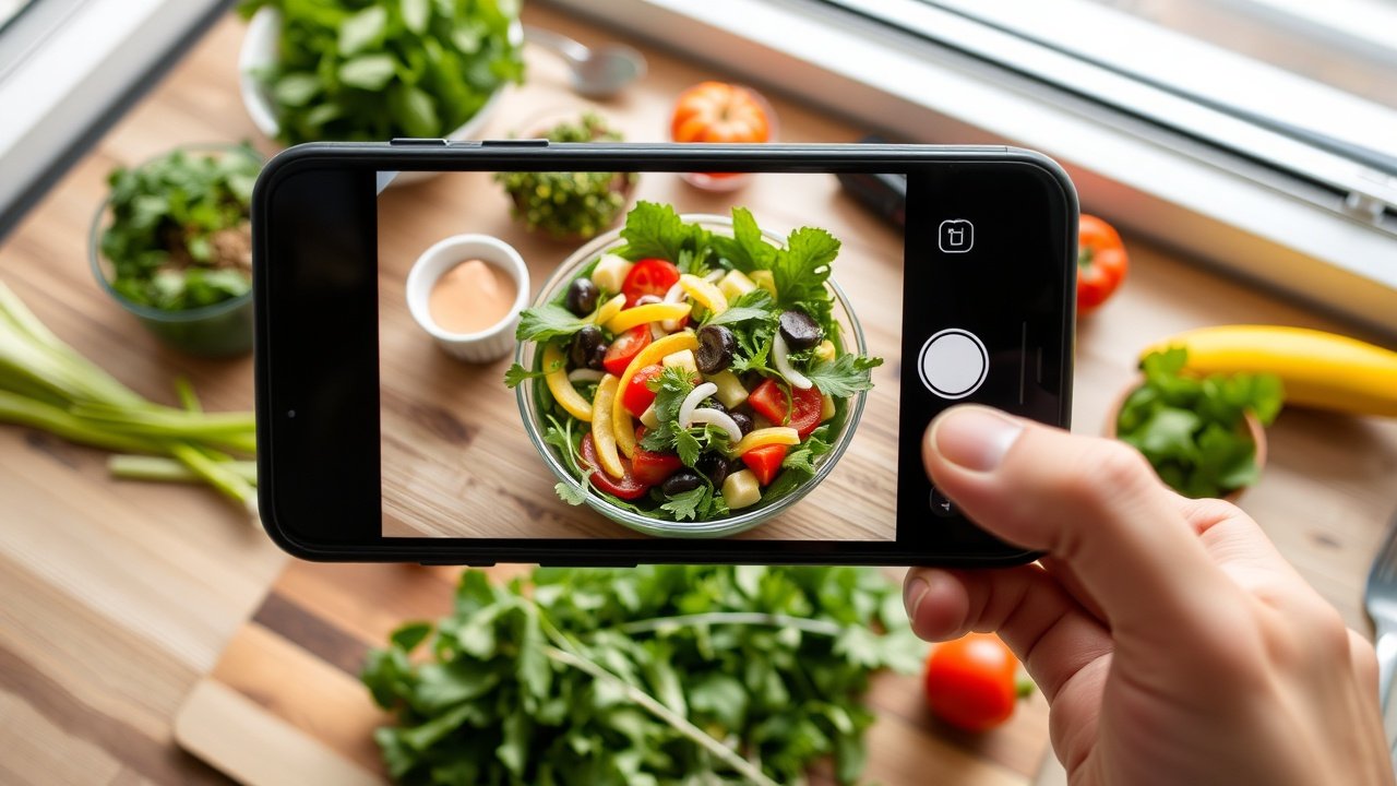 Modern kitchen table setup with fresh ingredients arranged artistically, overhead shot of smartphone photographing vibrant salad bowl, natural daylight from window, wooden cutting board and herbs in foreground., No infographics and no text