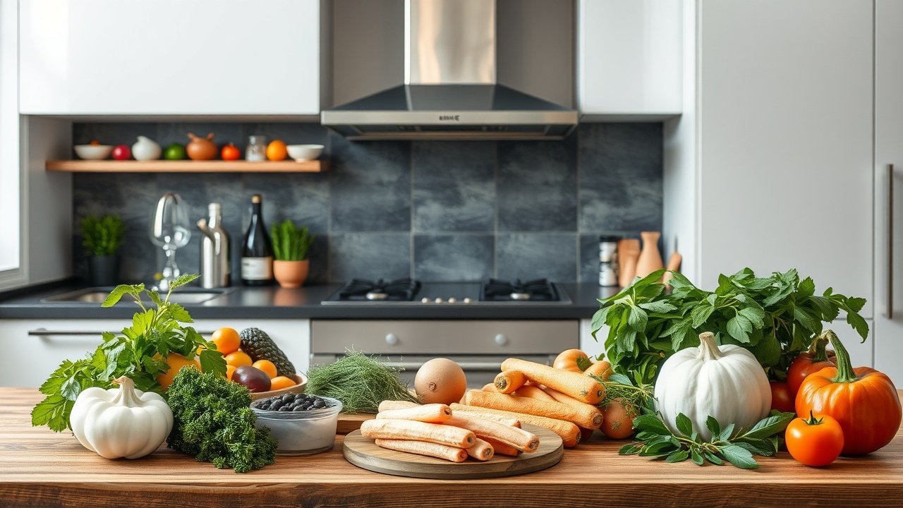Modern kitchen table with fresh ingredients like vegetables and herbs arranged artistically, overhead lighting highlighting textures for a food blog photo., No infographics and no text